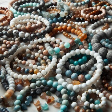 beaucoup de bracelets en perles de pierres naturels de taille identique sur un fond blanc marbre