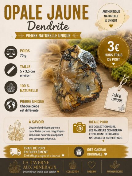 Opale dendritique jaune naturelle – 70 g – Pièce uniqu